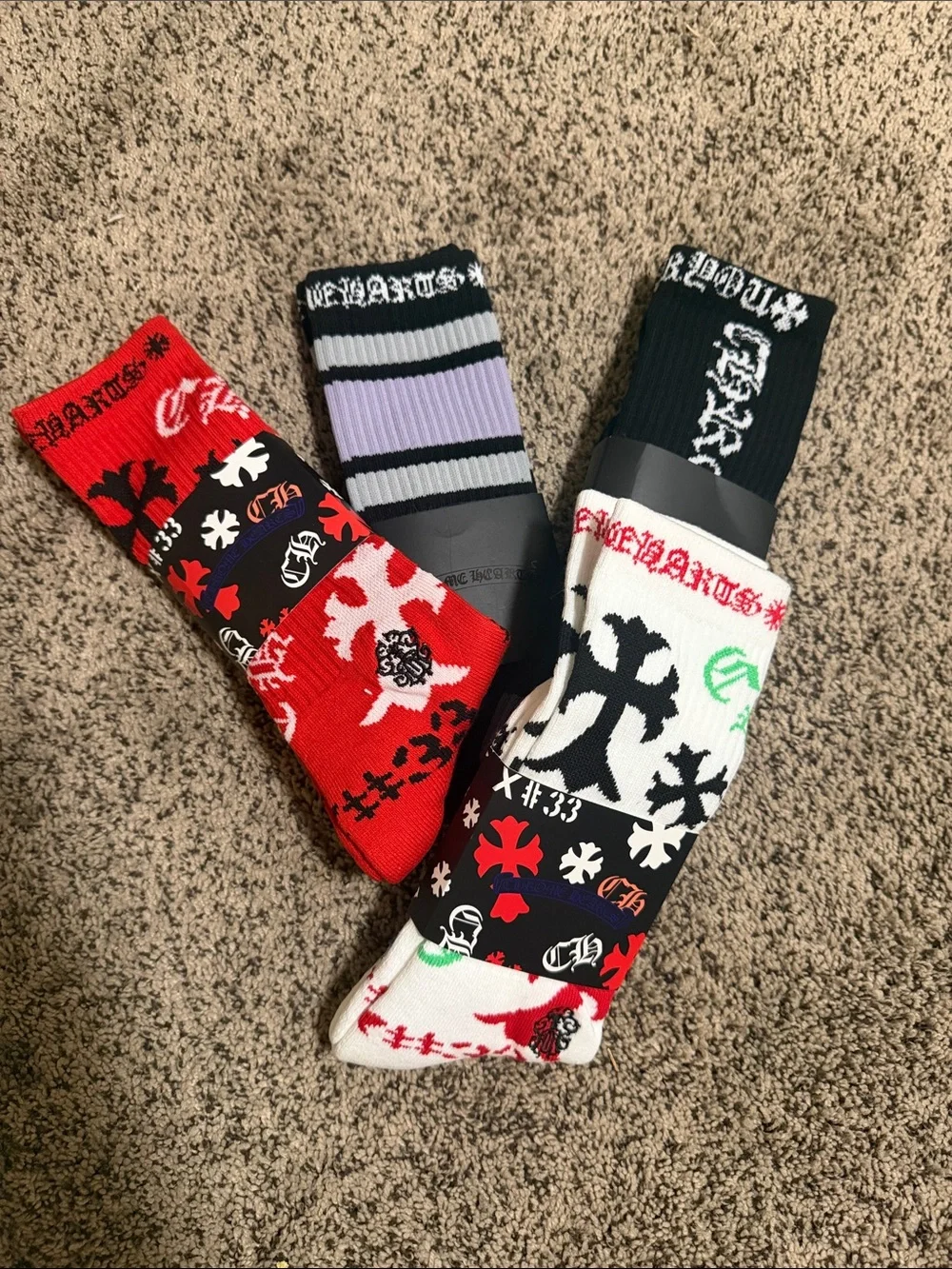 Chrome Hearts Mixed Graphic Crew Socks - Red, Black, White, Lavender, Green